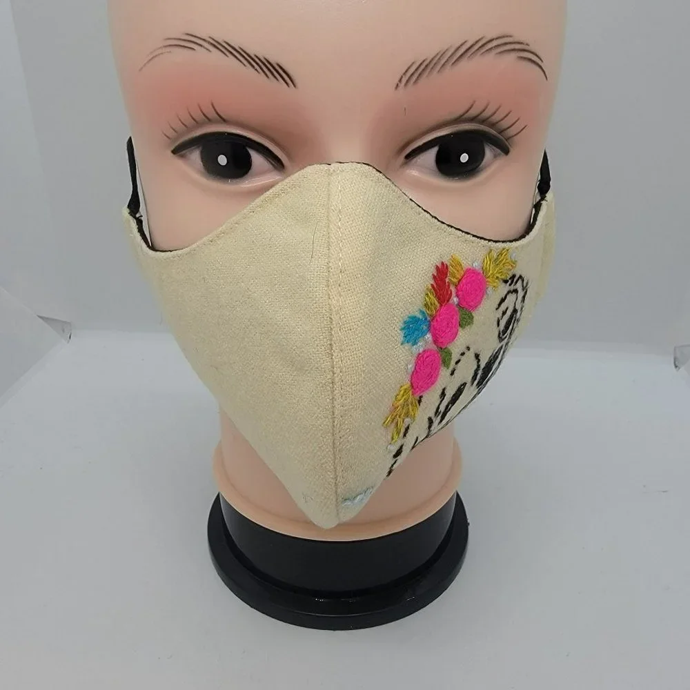 New Face cover ear loop Cream Mask Women Embroidered handmade golden dog design